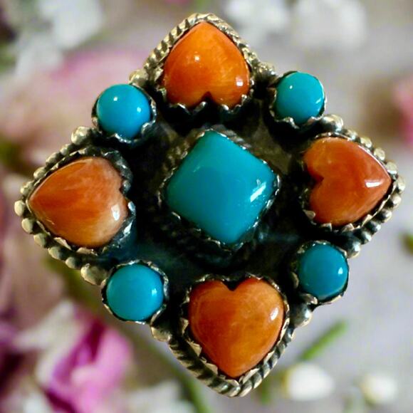 Turquoise & Spiny Oyster Southwestern Sterling Silver Ring Size 7 - Picture 1 of 6